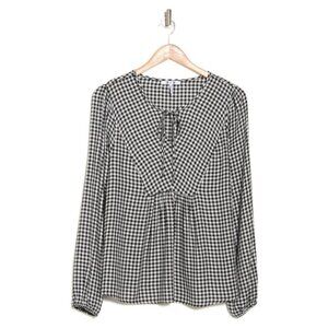 NEW Three Dots Mason Gingham Plaid Long Sleeve Blouse in Black/White Sz. XL
